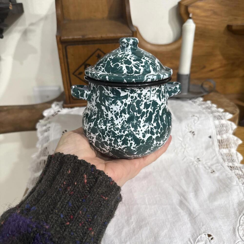 VTG Graniteware Enamel Ware USA Covered Sugar Bowl Dark Green Primitive Farmhous - Picture 8 of 8